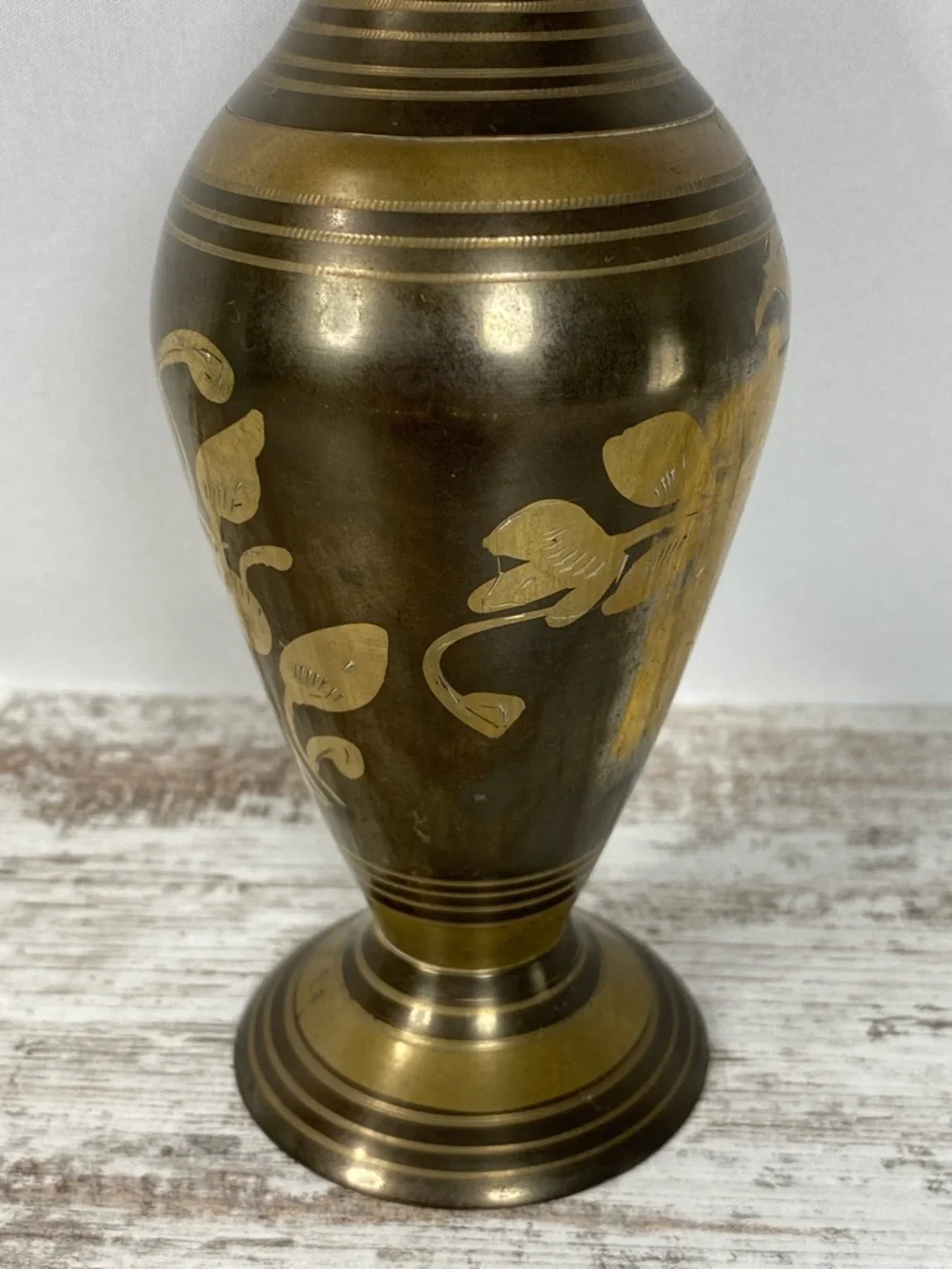 Vintage Brass Vase Etched Floral Made in India Patina Distressed 8”